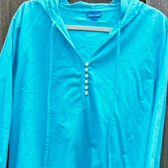 Sea Salt Beautiful Turquoise Colored Cotton Top with Hoodie XL EUC - Picture 3 of 6